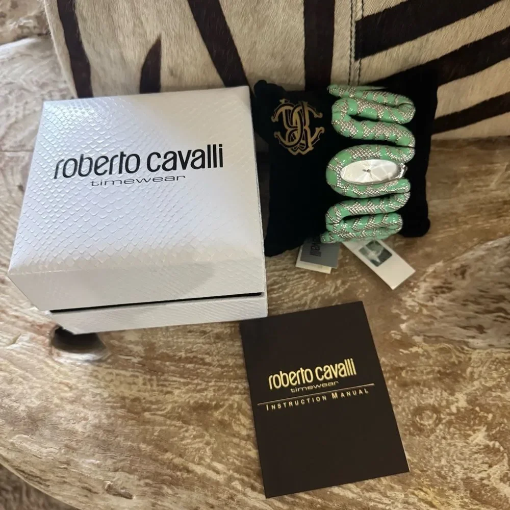 NEW Roberto Cavalli Gray Cleopatra Snake Enamel Silver Oval Dial Watch